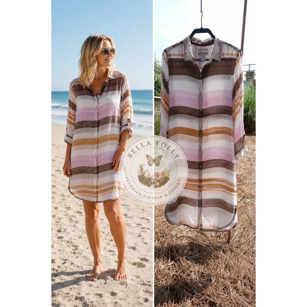 Rachel Zoe 100% Linen Striped Shirt Dress Large L Swim Cover Up Coastal Tunic